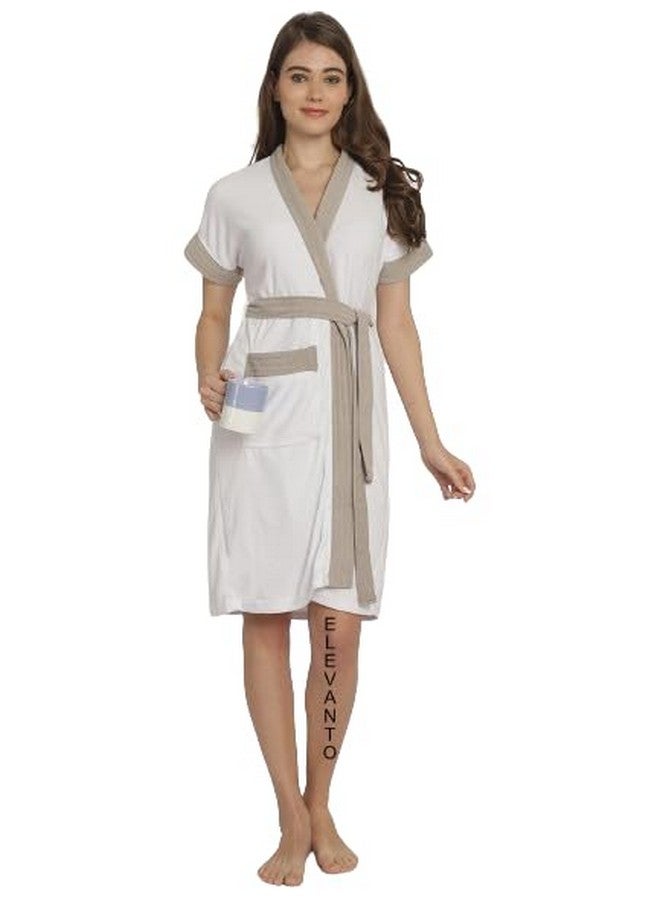 ELEVANTO Bathrobes for Women & Bathrobes for Girls: Everyday Terry Unisex Collection with Kimono Collar, Half Sleeve, 1 Pocket | Soft & Lightweight Comfort bath robe (WHITE-GREY) - Image 1