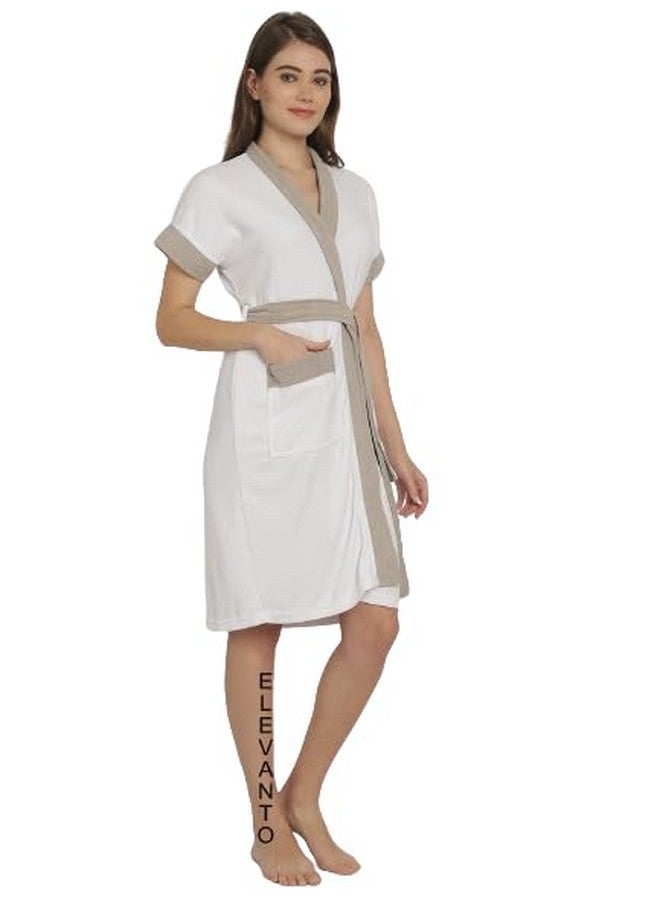 ELEVANTO Bathrobes for Women & Bathrobes for Girls: Everyday Terry Unisex Collection with Kimono Collar, Half Sleeve, 1 Pocket | Soft & Lightweight Comfort bath robe (WHITE-GREY) - Image 2