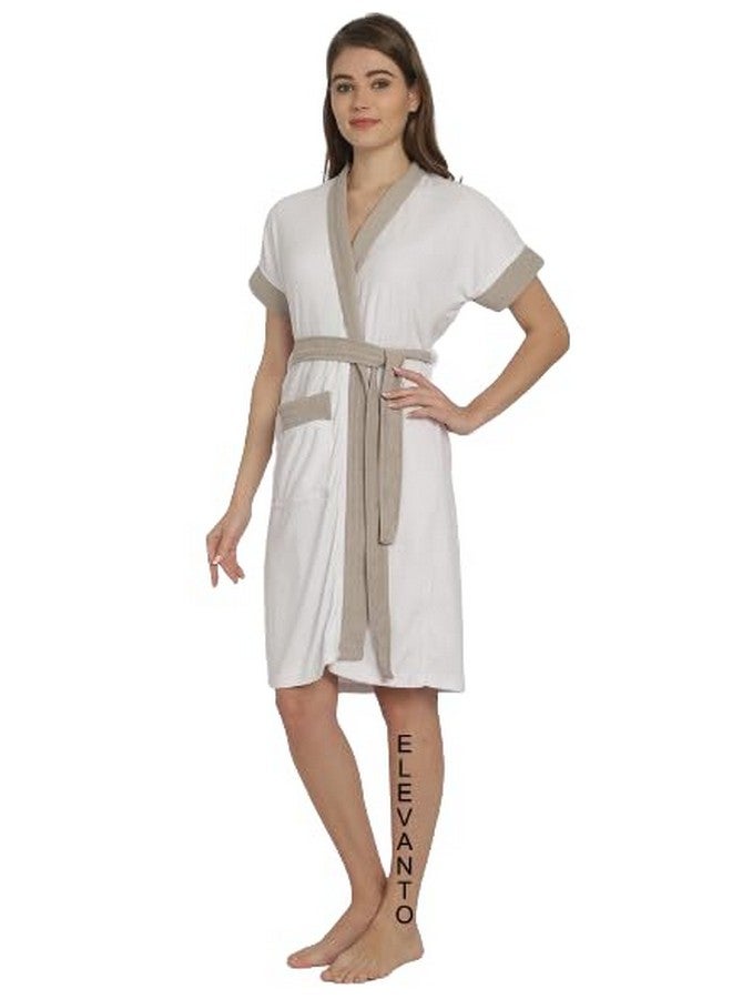 ELEVANTO Bathrobes for Women & Bathrobes for Girls: Everyday Terry Unisex Collection with Kimono Collar, Half Sleeve, 1 Pocket | Soft & Lightweight Comfort bath robe (WHITE-GREY) - Image 4
