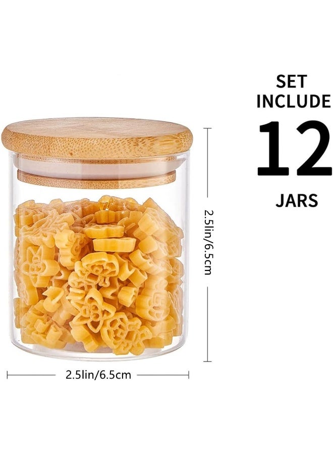 FUFU FUFU 12 Bottles Glass Jar Set, Extra Small Air Tight Canister Storage Containers with Natural Bamboo Lids and Chalkboard Labels for Kitchen Spices, Bathroom, Party Favors  - Image 2