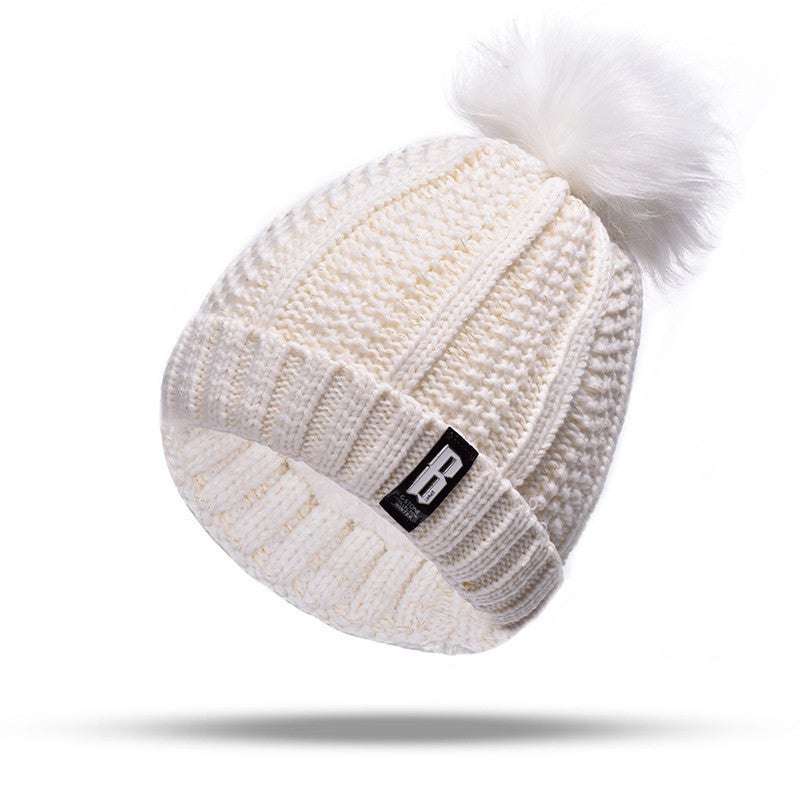 Winter Beanie Women Two-Piece Thick Fleece Pompom Knitted Hat - Image 1