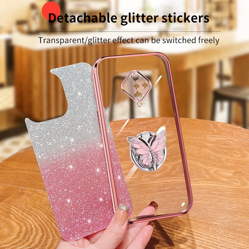 HuHa Case Cover For vivo Y9s / V17 Plated Gradient Glitter Butterfly Holder TPU Phone Case(Pink) - Image 4