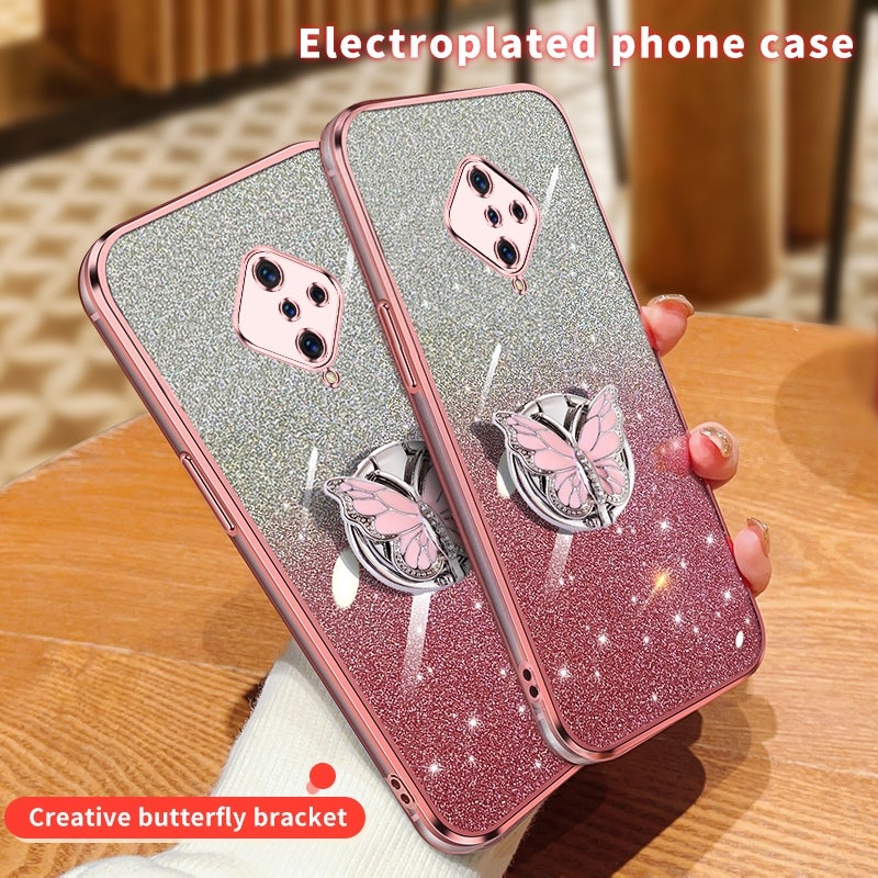 HuHa Case Cover For vivo Y9s / V17 Plated Gradient Glitter Butterfly Holder TPU Phone Case(Pink) - Image 3