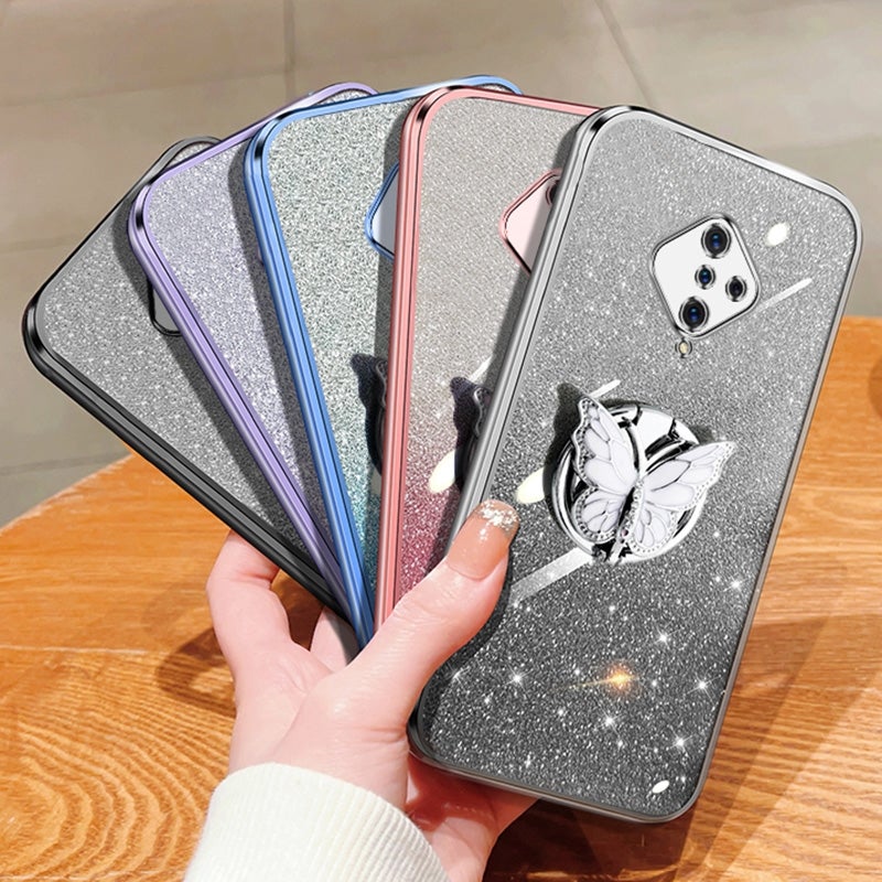 HuHa Case Cover For vivo Y9s / V17 Plated Gradient Glitter Butterfly Holder TPU Phone Case(Pink) - Image 2