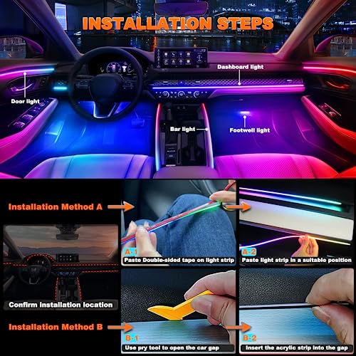 Jushope Interior Car LED Strip Lights, Acrylic LED Lights for Car with Dynamic Dreamcolor Chasing, Ambient Lighting Kits Music Sync Wireless APP and RF Remote Control (43.5+14.5'') - Image 4