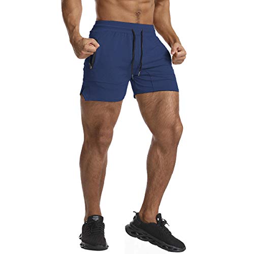 EVERWORTH Men's Solid Gym Workout Shorts Bodybuilding Running Fitted Training Jogging Short Pants with Zipper Pocke Navy XS Tag M - Image 2