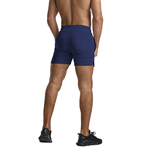 EVERWORTH Men's Solid Gym Workout Shorts Bodybuilding Running Fitted Training Jogging Short Pants with Zipper Pocke Navy XS Tag M - Image 3