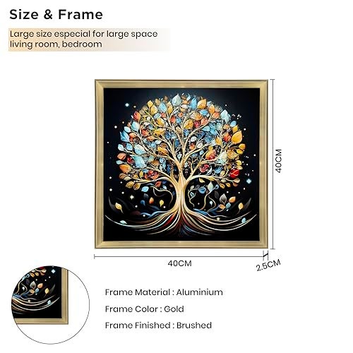 HOME ELEMENTS Floral Wall Kalpavriksha Design Painting for Bedroom Living Room Wall Decoration Abstract Elegant Golden Flower Floating Frame Wall Paintings for Home and Office Décor Size : 40x40cm - Image 4