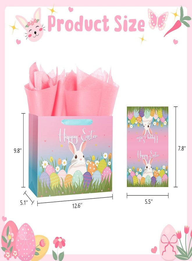 Linelglobal 12.6" Pink-blue Gradient Easter Gift Bag with Tissue Paper and Card, Eggs & Bunny Design, Suitable for Kids and Girls Easter Party Supplies Wrapping 2 Pack - Image 2
