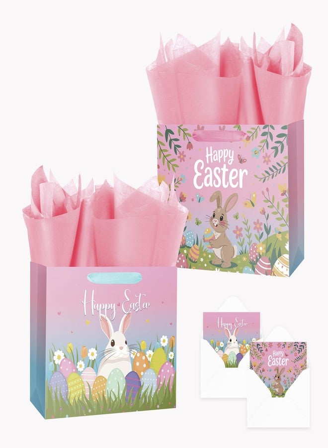 Linelglobal 12.6" Pink-blue Gradient Easter Gift Bag with Tissue Paper and Card, Eggs & Bunny Design, Suitable for Kids and Girls Easter Party Supplies Wrapping 2 Pack - Image 1