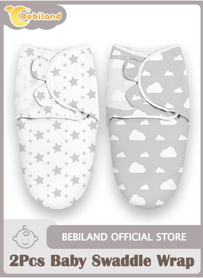 Bebiland 2Pcs Baby Swaddle Wrap, 0-3 Months, 100% Breathable Cotton Swaddlers Sleep Sack with Adjustable Wings for Baby Boys and Baby Girls, Gray -White  - Image 1