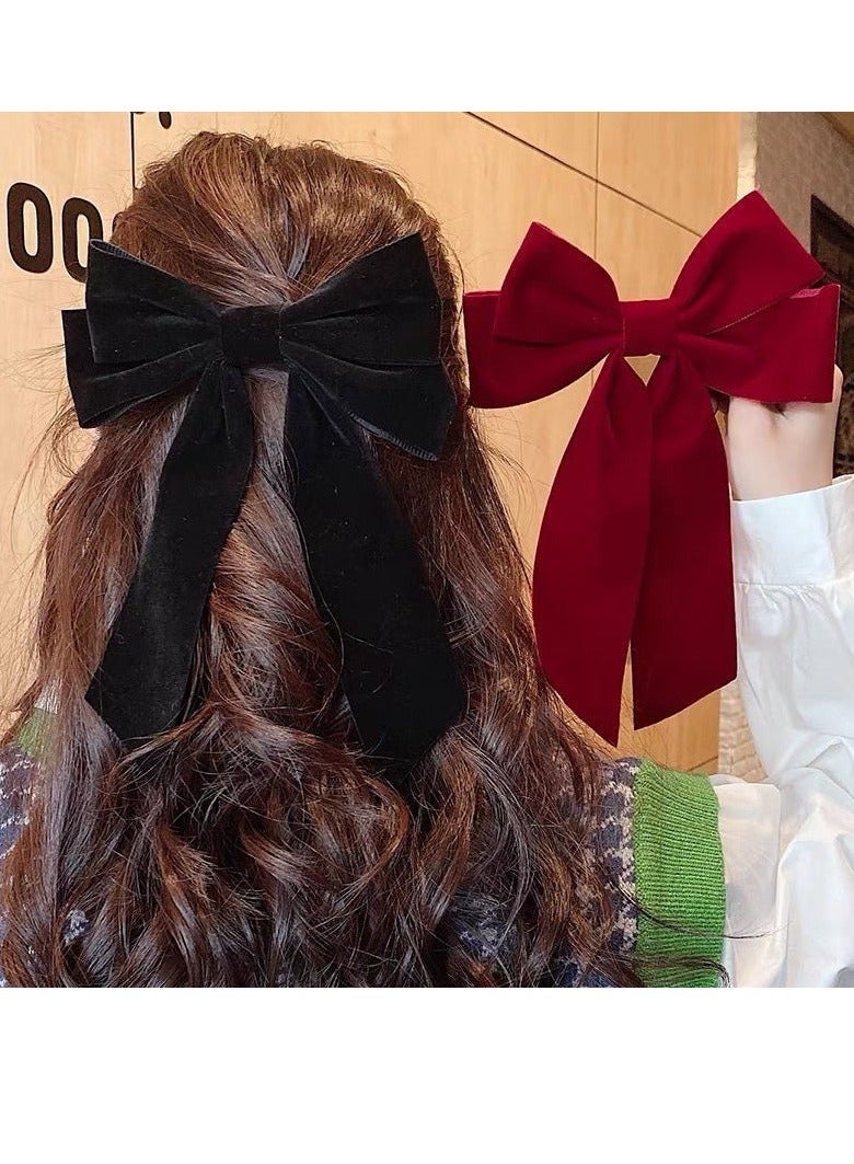 2 Pack Women's Bow Hair Clips, Black and Red Bows, Long Tail Ribbon Bow Hair Clips for Valentine's Day Party Decoration Multicolor - Image 1