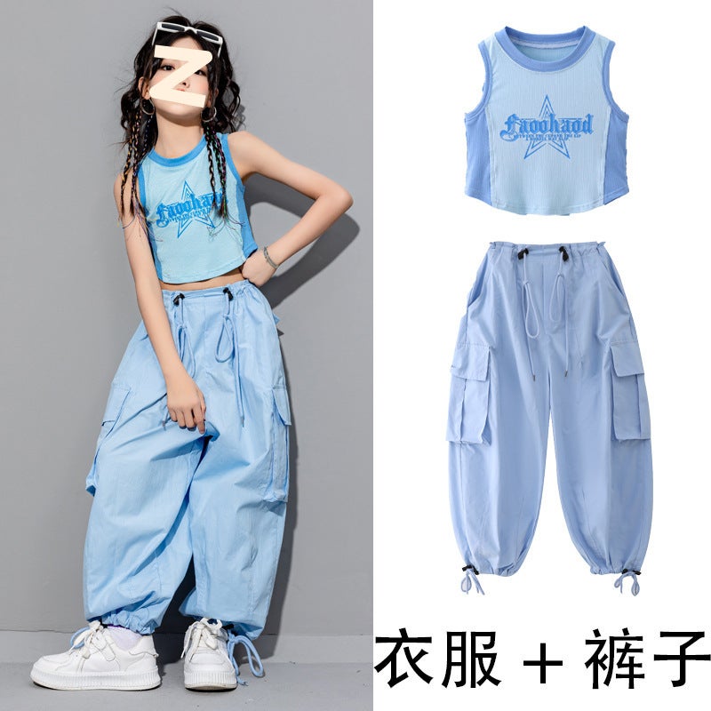 Girls Summer Dress Street Dance Sough and Handsome suit 2024 New Childrens Dopamine Show Jazz Dance Dress 2007 vest + blue overalls 