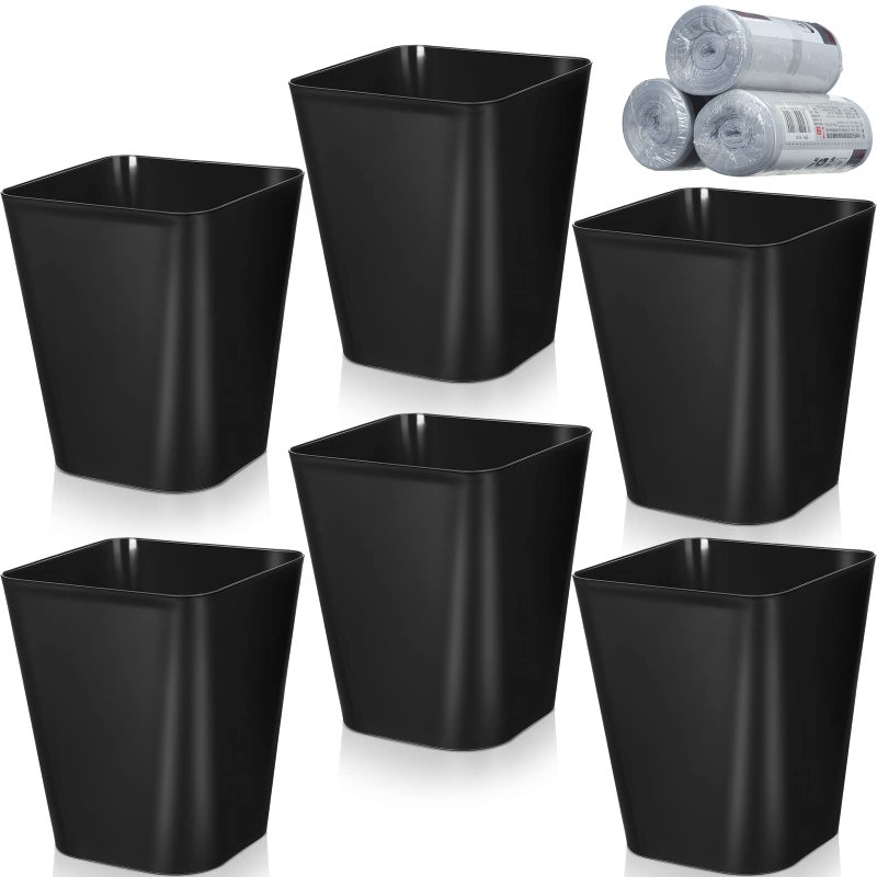 Eccliy 6 6 Pack Plastic Trash Can with 3 Rolls of Trash Bags Small Wastebasket Garbage Bin Container for Bathroom Bedroom Home Office Living Room Kitchen Black