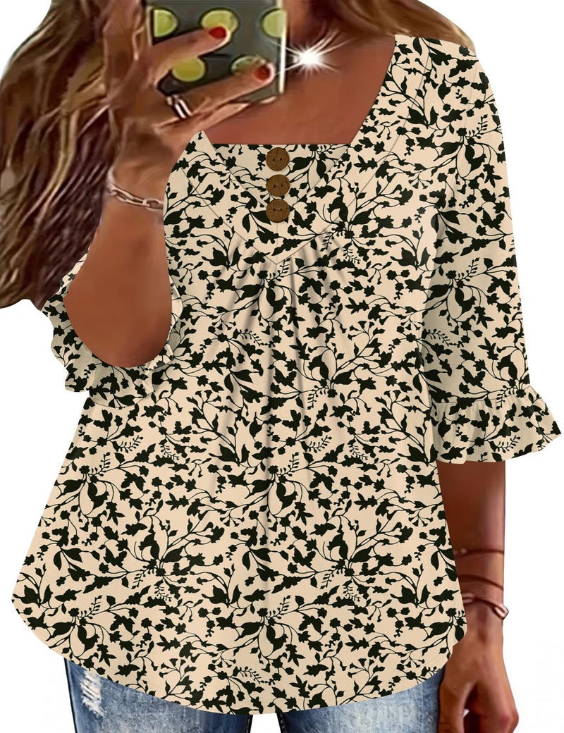 TFSDOD 3/4 Sleeve Tops for Women Plus Size Summer Clothes Ruffle Sleeve Floral Blouses Pleated Dressy Casual Shirts Apricot Black Floral 5XL - Image 1