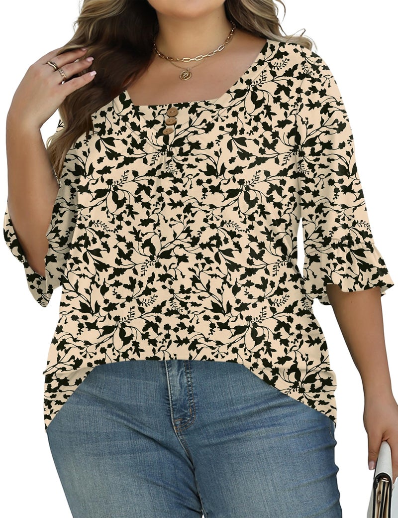 TFSDOD 3/4 Sleeve Tops for Women Plus Size Summer Clothes Ruffle Sleeve Floral Blouses Pleated Dressy Casual Shirts Apricot Black Floral 5XL - Image 4