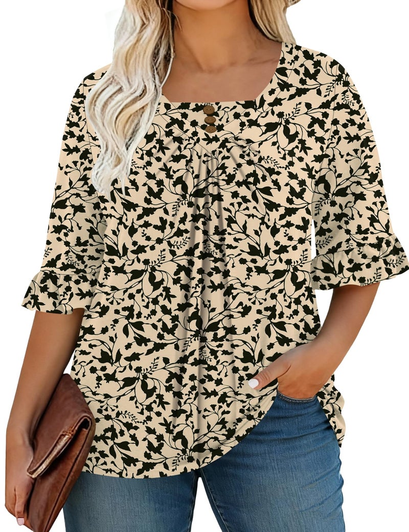 TFSDOD 3/4 Sleeve Tops for Women Plus Size Summer Clothes Ruffle Sleeve Floral Blouses Pleated Dressy Casual Shirts Apricot Black Floral 5XL - Image 2