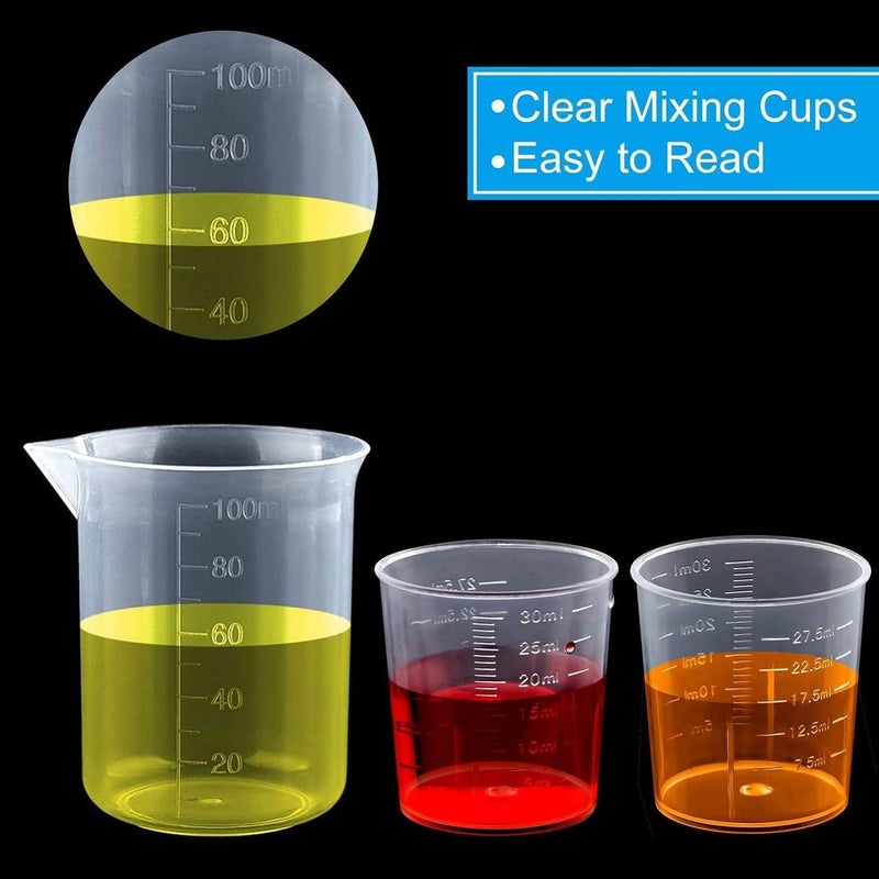 KeCool Measuring cup Kit - 15pc 30ml & 100ml Plastic Measuring Cups for Paint Resin Mixing & Medicine, 5 Mixing Sticks, 10 Finger Cots, 5 Transfer Pipettes - Image 2