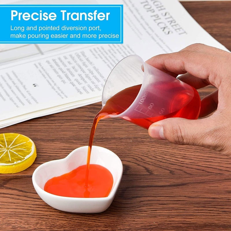 KeCool Measuring cup Kit - 15pc 30ml & 100ml Plastic Measuring Cups for Paint Resin Mixing & Medicine, 5 Mixing Sticks, 10 Finger Cots, 5 Transfer Pipettes - Image 3