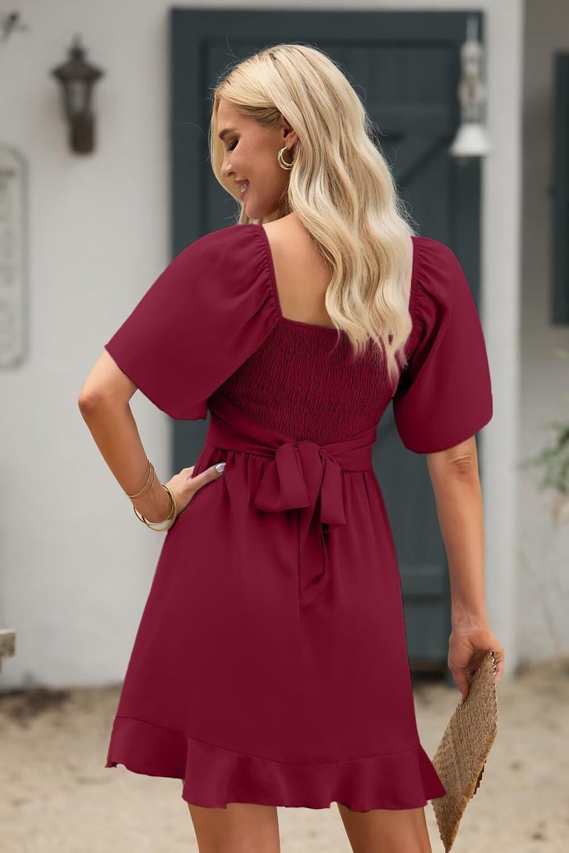 Dokotoo Womens Summer Wrap V Neck Short Flared Sleeve Smocked Elastic Waist Tiered Belted Ruffle Hem Mini Dress Wedding Guest Dresses for Women Ruby M - Image 4
