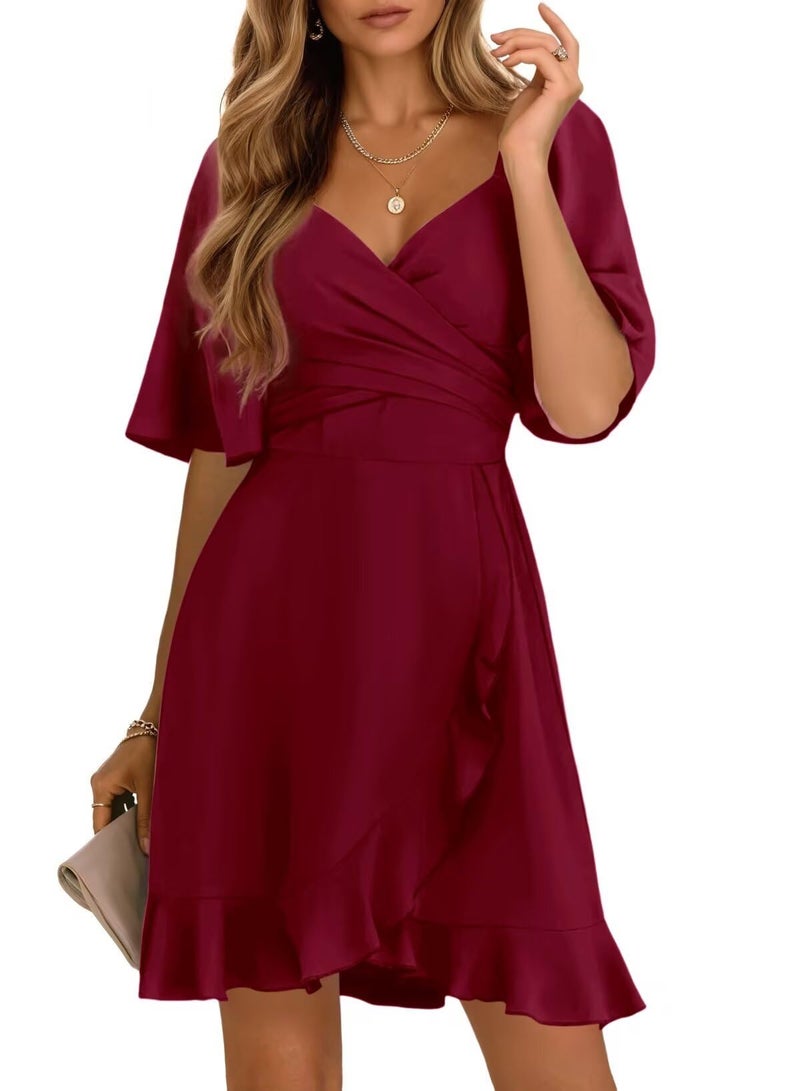 Dokotoo Womens Summer Wrap V Neck Short Flared Sleeve Smocked Elastic Waist Tiered Belted Ruffle Hem Mini Dress Wedding Guest Dresses for Women Ruby M - Image 1