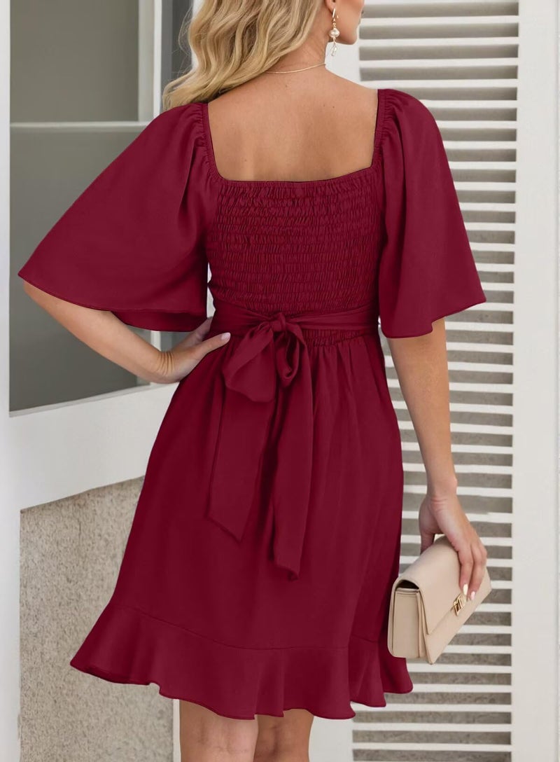 Dokotoo Womens Summer Wrap V Neck Short Flared Sleeve Smocked Elastic Waist Tiered Belted Ruffle Hem Mini Dress Wedding Guest Dresses for Women Ruby M - Image 2