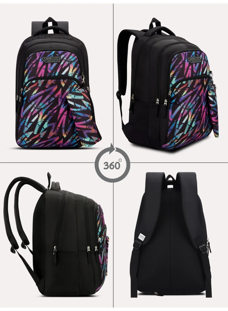 Lavie Sport 36L Jazzart Backpack | 19 inches | Laptop Compatiable | Raincover | Pencil Pouch |(Black)