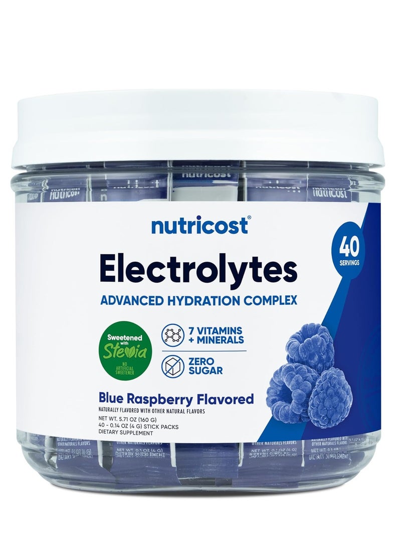Nutricost Electrolytes Complex, Blue Raspberry Flavored, 40 Stickpacks - Advanced Hydration Complex 40 Servings - Image 1