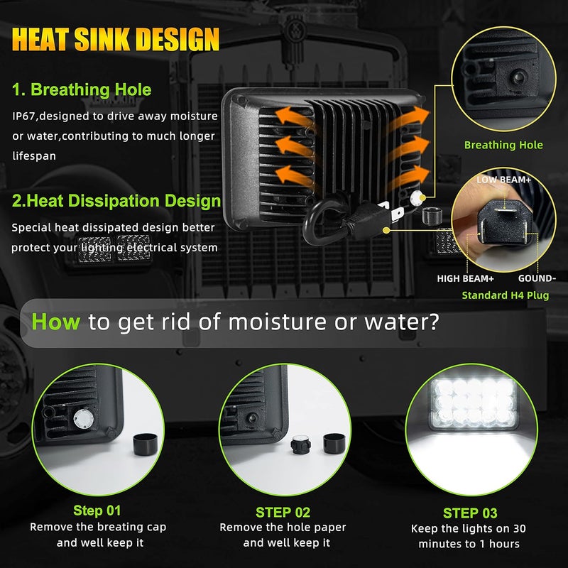 Sakeye Dot Approved 4x6 Inch LED Headlights - 4PCS High Low Sealed Beam Rectangular Headlights for Trucks - Image 3