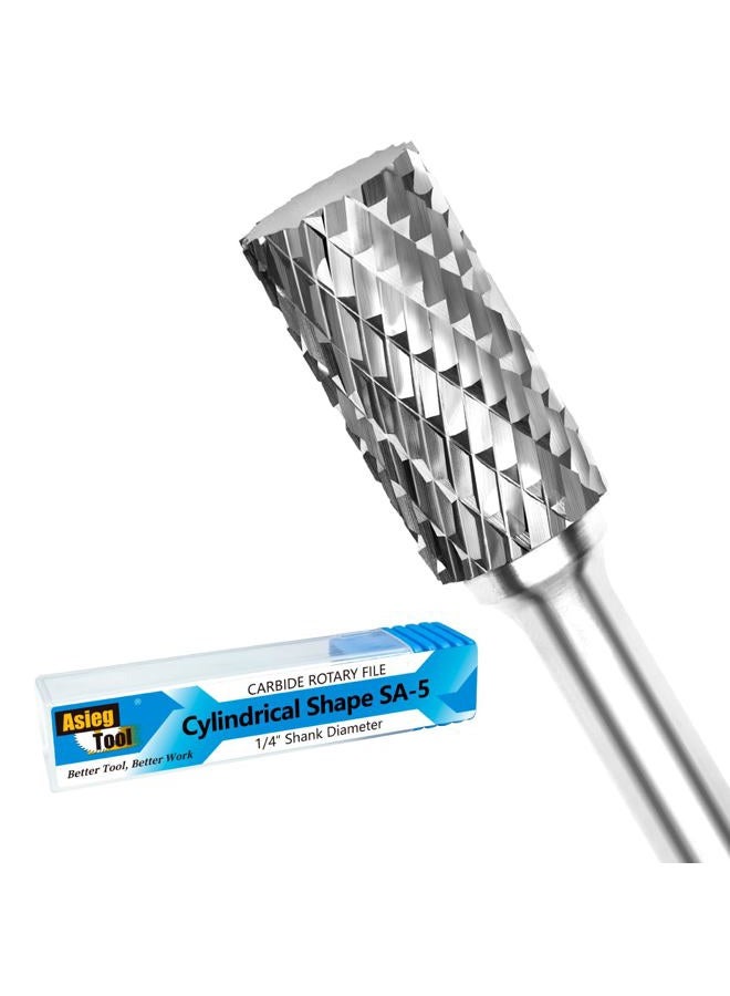 Asieg Tool SA-5 Tungsten Carbide Burr Rotary File Cylindrical Shape Double Cut for Die Grinder Drill Bits 1/4'' Inch Diameter of Shank and 1/2'' Inch Diameter of Cutter 1'' Inch Cutter Length - Image 1