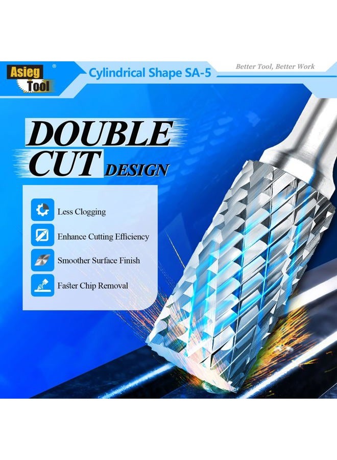 Asieg Tool SA-5 Tungsten Carbide Burr Rotary File Cylindrical Shape Double Cut for Die Grinder Drill Bits 1/4'' Inch Diameter of Shank and 1/2'' Inch Diameter of Cutter 1'' Inch Cutter Length - Image 4