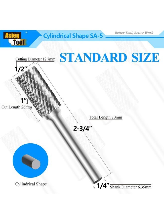 Asieg Tool SA-5 Tungsten Carbide Burr Rotary File Cylindrical Shape Double Cut for Die Grinder Drill Bits 1/4'' Inch Diameter of Shank and 1/2'' Inch Diameter of Cutter 1'' Inch Cutter Length - Image 2