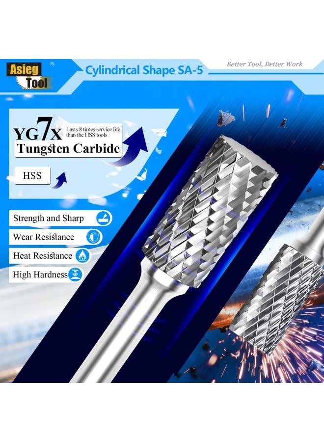 Asieg Tool SA-5 Tungsten Carbide Burr Rotary File Cylindrical Shape Double Cut for Die Grinder Drill Bits 1/4'' Inch Diameter of Shank and 1/2'' Inch Diameter of Cutter 1'' Inch Cutter Length - Image 3