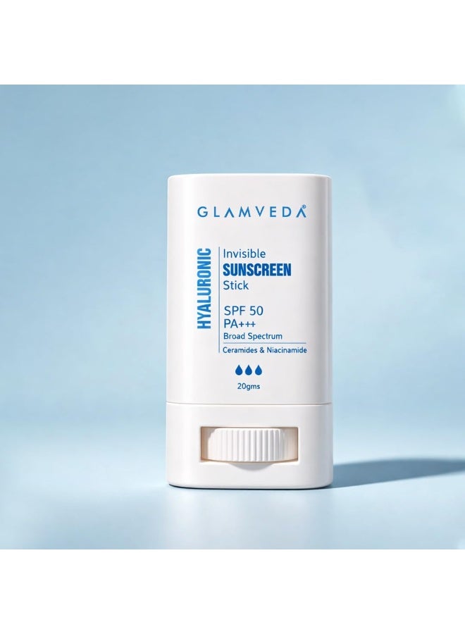 جلامفيدا عصا واقي الشمس غير المرئي من جلامفيدا بحمض الهيالورونيك SPF-50 PA+++ | فلتر للضوء الأزرق، ترطيب بحمض الهيالورونيك والسيراميدات | لمسة نهائية ندية، سهل الاستخدام | حماية من الأشعة فوق البنفسجية UVA/UVB | للرجال والنساء | 20 غرام - Image 1
