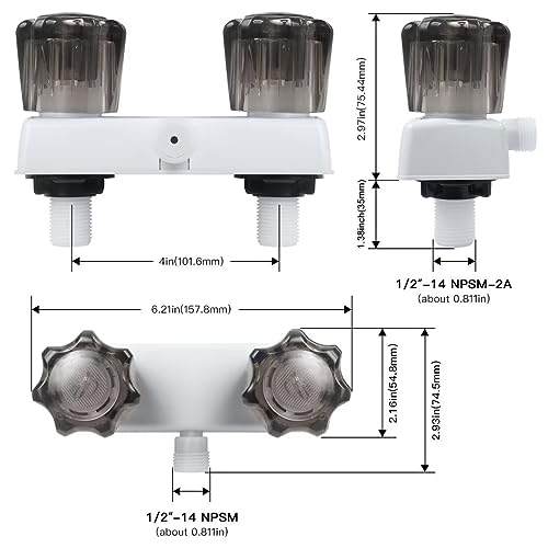 EXCELFU RV Shower Faucet, 4" RV Camper Shower Faucet Valve Diverter Replacement with Dual Smoked Acrylic Knobs for Outside and Inside Bathroom (White+Smoke Gray) - Image 4