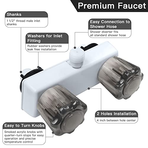 EXCELFU RV Shower Faucet, 4" RV Camper Shower Faucet Valve Diverter Replacement with Dual Smoked Acrylic Knobs for Outside and Inside Bathroom (White+Smoke Gray) - Image 3