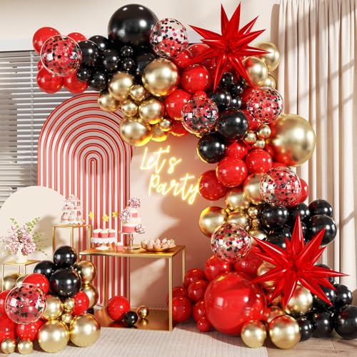 LANGASQUE Red and Black Gold Balloon Garland Arch Kit 140Pcs Red Black Metallic Gold Confetti Balloons With Stars for Birthday Wedding Birdal Shower Anniversary Graduation Casino Party Decorations - Image 1