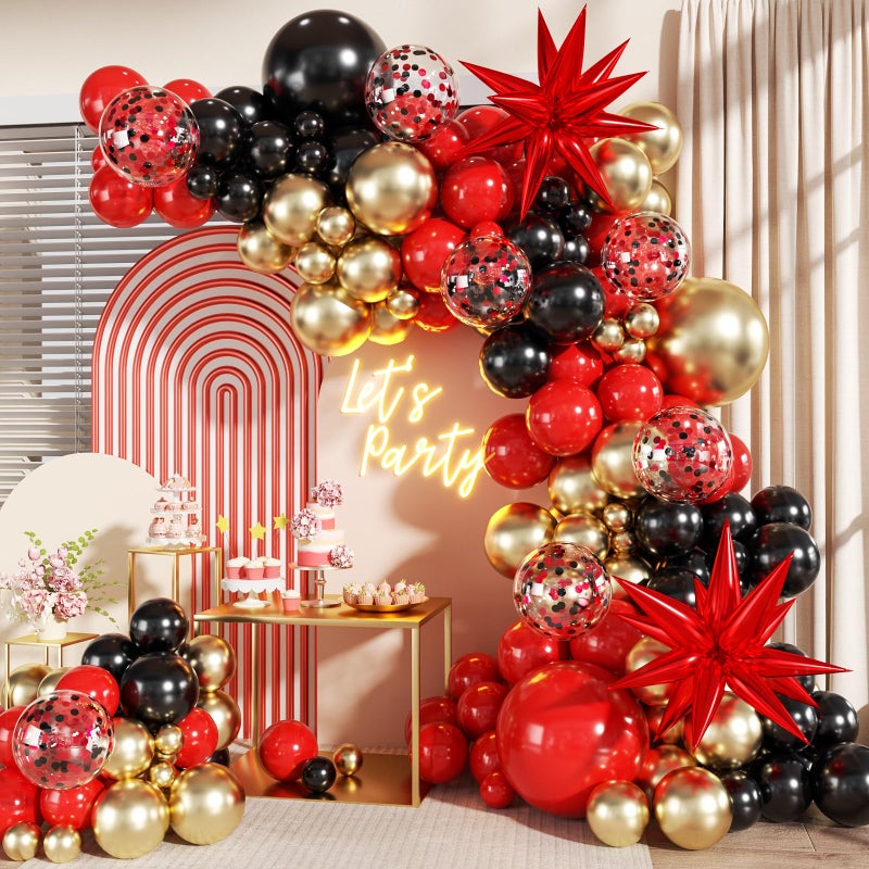 LANGASQUE Red and Black Gold Balloon Garland Arch Kit 140Pcs Red Black Metallic Gold Confetti Balloons With Stars for Birthday Wedding Birdal Shower Anniversary Graduation Casino Party Decorations - Image 3
