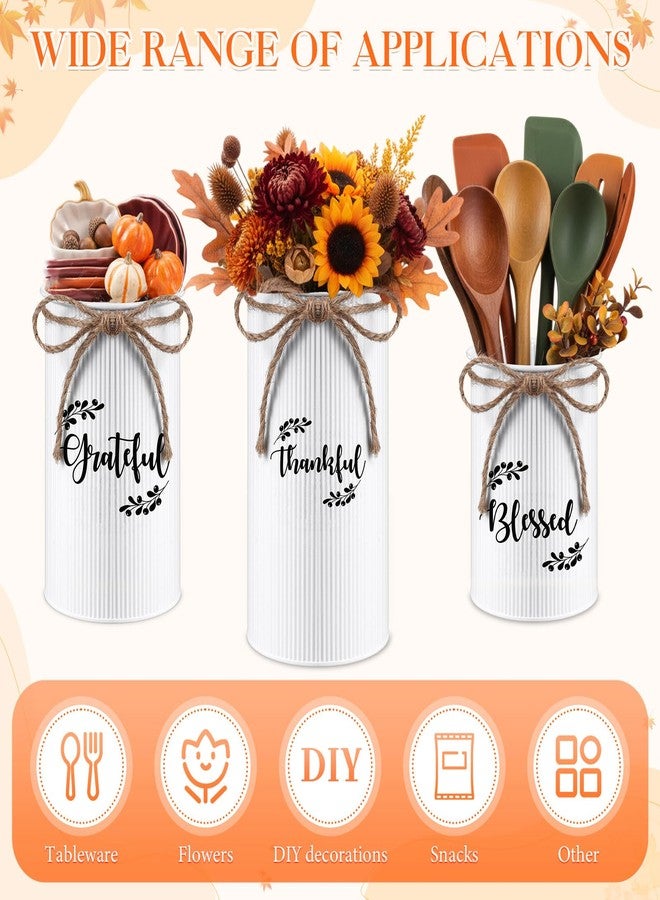Domensi 3 Pcs Thanksgiving Table Centerpiece Fall Utensil Holder Vases Decor Galvanized Metal for Flowers Vintage Rustic Mason Jar for Thanksgiving Home Farmhouse Harvest Decoration, 3 Styles(White) - Image 5