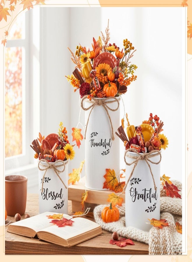 Domensi 3 Pcs Thanksgiving Table Centerpiece Fall Utensil Holder Vases Decor Galvanized Metal for Flowers Vintage Rustic Mason Jar for Thanksgiving Home Farmhouse Harvest Decoration, 3 Styles(White) - Image 2