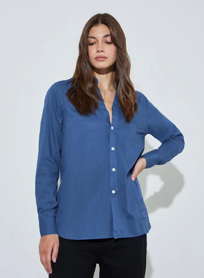 Styli Blue Solid Long Sleeves Button Front Blouse