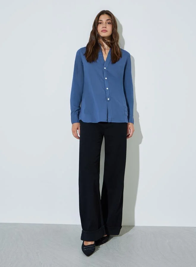 Styli Blue Solid Long Sleeves Button Front Blouse