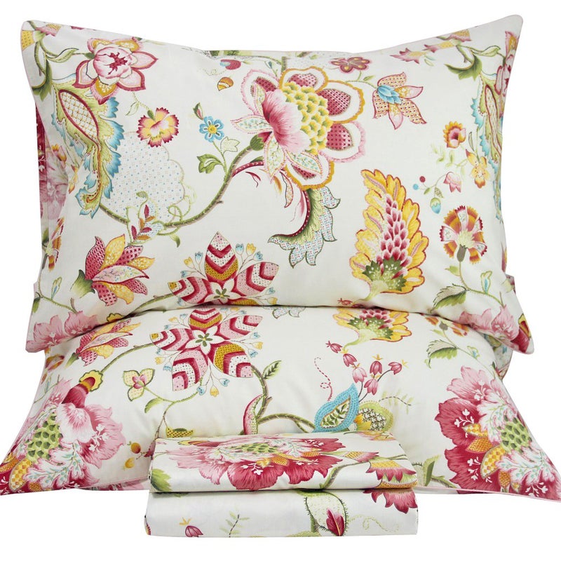 QSH QSH Floral Bed Sheets Set  Queen Size Boho Lotus Print Bed Sheet Set  Extra Soft and Breathable 100 Egyptian Cotton  Farmhouse Bedding  4 pcs Deep Pockets Flower Bed Sheets 