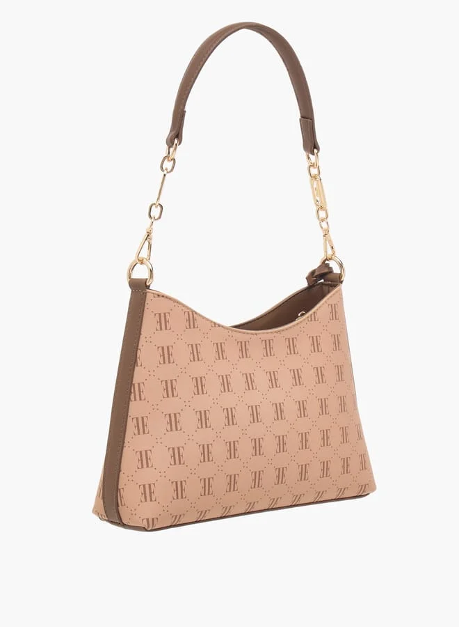 ELLE Women Monogram Print Shoulder Bag with Zip Closure and Adjustable Strap