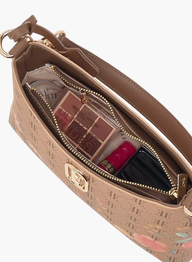 ELLE Women Monogram Print Shoulder Bag with Zip Closure and Adjustable Strap