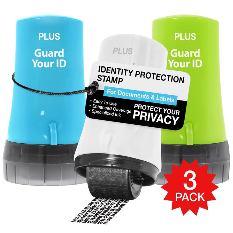 Plus Guard Your ID Advanced 2.0 Roller 3-Pack for Identity Theft Protection, Confidential Security Stamp Mixed Color Kit (Turquoise, Green, White) - Image 1