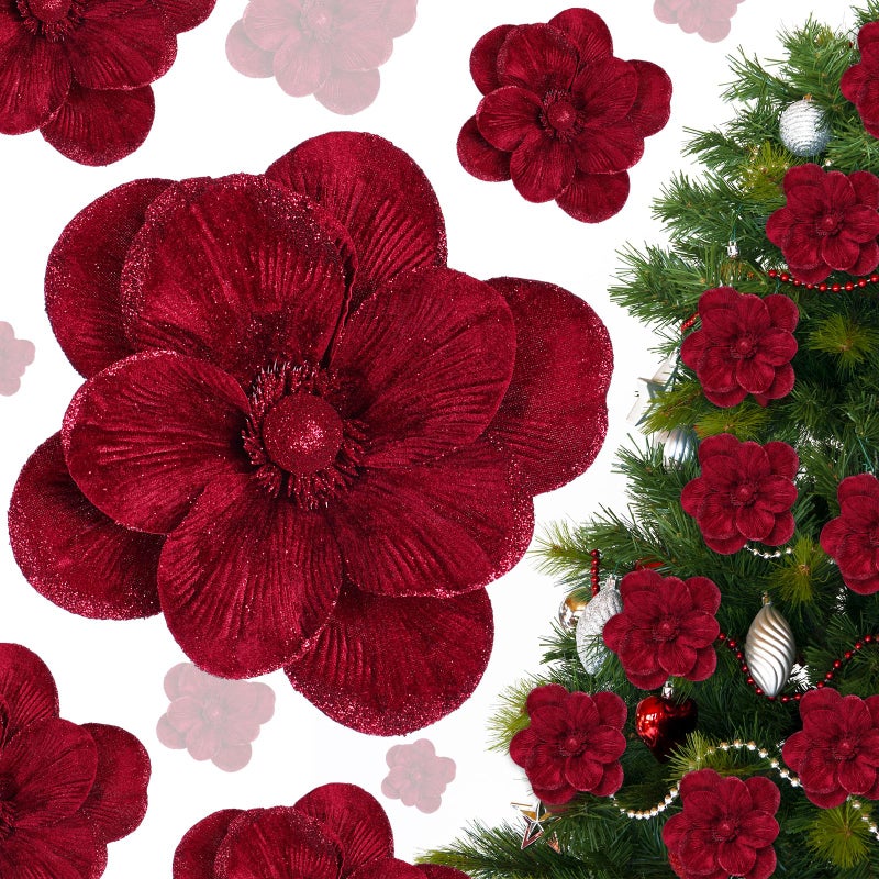 Craftsatin 12 Pcs Large Velvet Christmas Poinsettia Magnolia Flowers Ornaments Glitter Big Heads Artificial Magnolia Flowers for Decoration Wedding Decor SuppliesBurgundy - Image 2