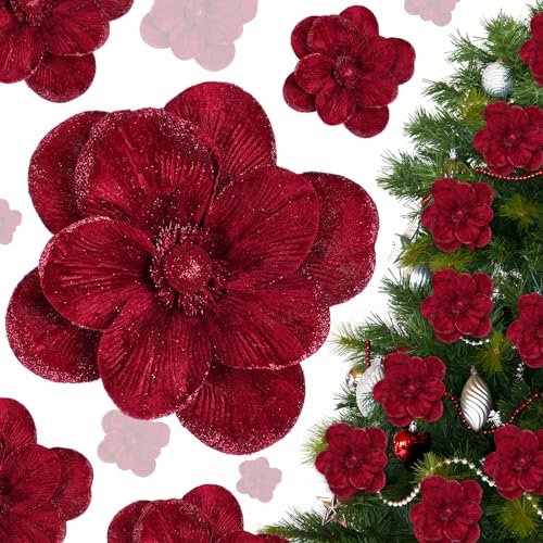 Craftsatin 12 Pcs Large Velvet Christmas Poinsettia Magnolia Flowers Ornaments Glitter Big Heads Artificial Magnolia Flowers for Decoration Wedding Decor SuppliesBurgundy - Image 1