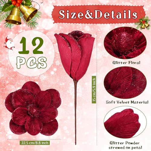 Craftsatin 12 Pcs Large Velvet Christmas Poinsettia Magnolia Flowers Ornaments Glitter Big Heads Artificial Magnolia Flowers for Decoration Wedding Decor SuppliesBurgundy - Image 3