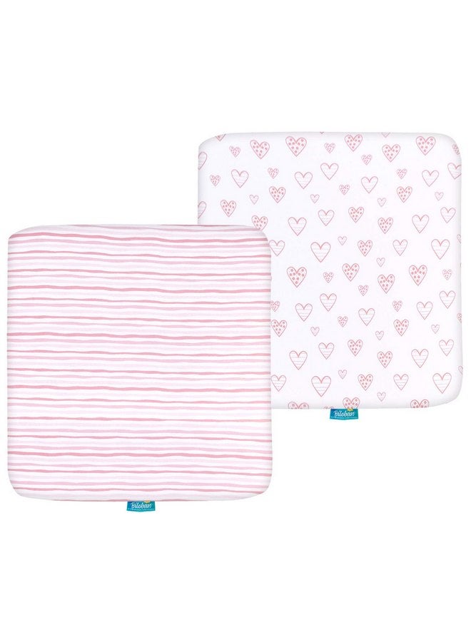 Biloban Square Playard/Playpen Fitted Sheets, Perfect for 36 X 36 Portable Playard, 2 Pack, 100% Jersey Knit Cotton Fitted Sheets, Mild Pink Stripes and Hearts Print for Baby Girls - Image 1
